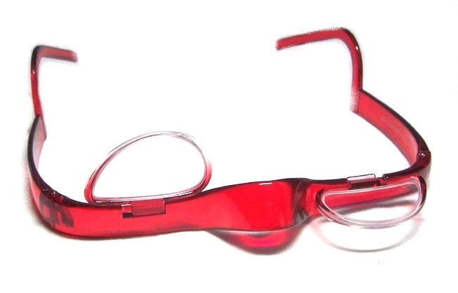Red make-up glasses with forward pivoting lenses and free drawstring bag.